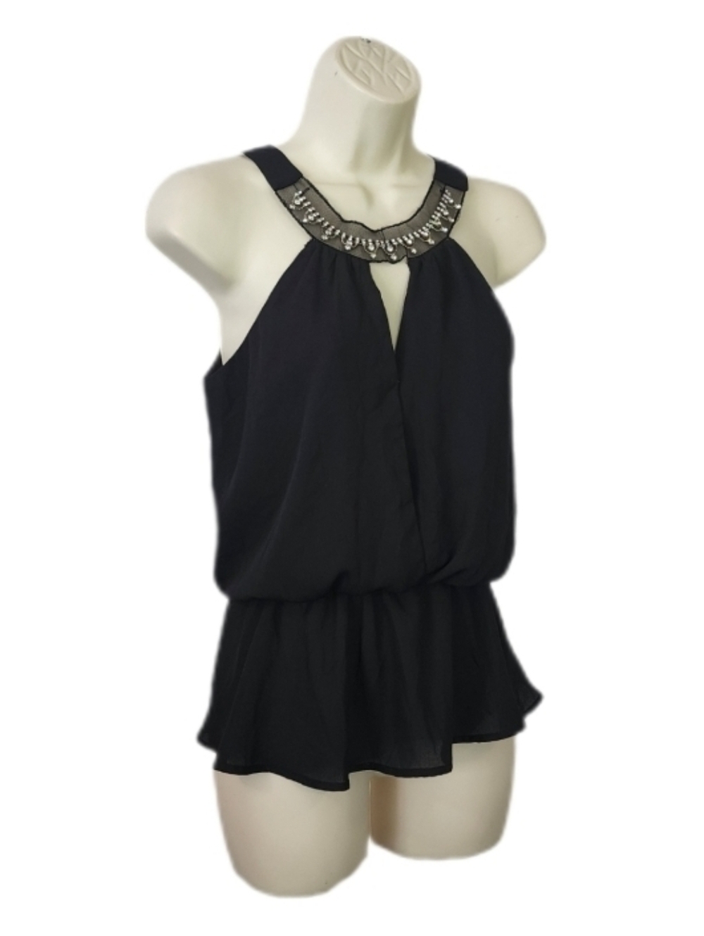 Papaya Rhinestone Top Collar Halter Peplum Black Size S